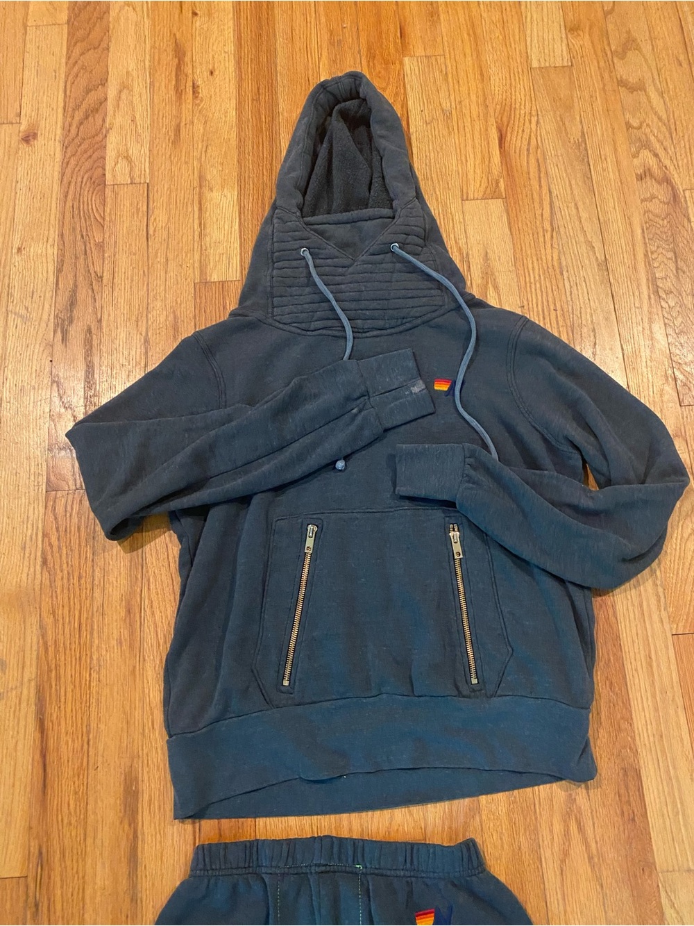 aviator nation hoodie ninja sweatshirt blue gray  gold zippers size small